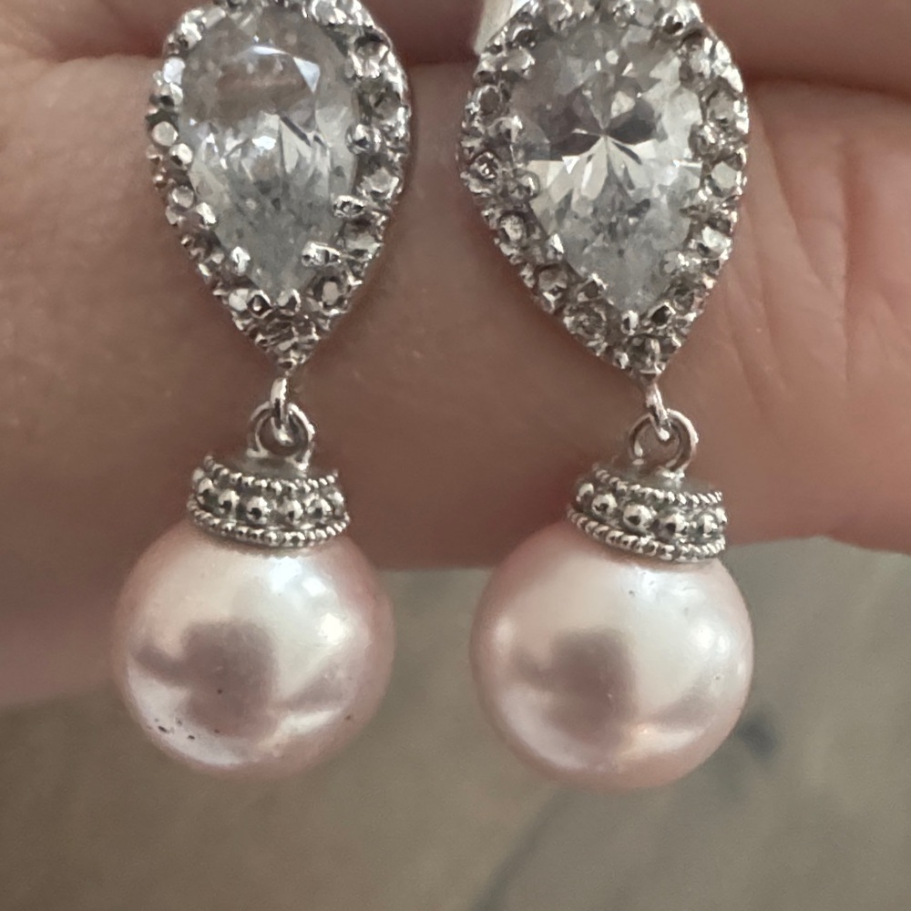 Pink Faux Pearl Crystal Drop Earrings Silver Tone Bridal Wedding